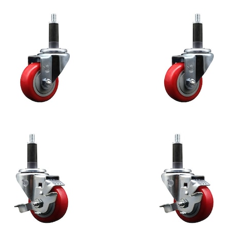 Service Caster 3'' Red Poly Wheel Swivel 1'' Expanding Stem Caster Set 2 Brakes, 4PK SCC-EX20S314-PPUB-RED-2-TLB-2-1